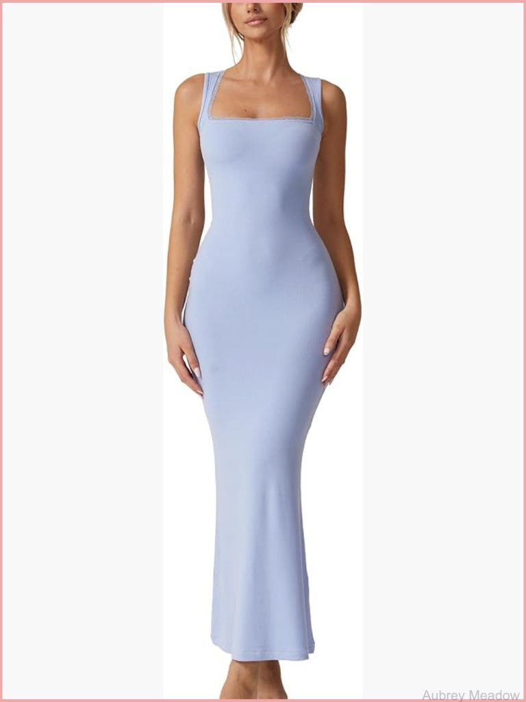 Square Neck Lace Detail Maxi Dress Sleeveless Lounge Ribbed Full Length